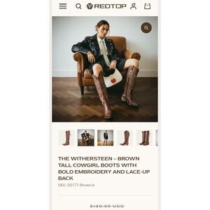 Redtop The Withersteen Brown Tall Cowgirl BootsEmbroidery DS171-Brown-6 Size 7.5